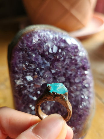 Blue Apatite Crystal Ring in Electroformed Copper