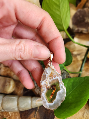 Tiny Dried Mushroom in Agate Pendant
