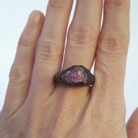 Amethyst Electroformed Copper Ring, Size 8