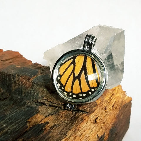 Round Monarch Butterfly Wing Glass Locket