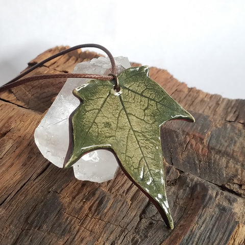 Leaf Necklace in Glazed Green Clay